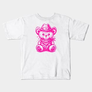 Neon Pink Cowboy Teddy Bear - Vibrant Western Retro Style Cute Artwork Kids T-Shirt